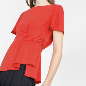 Zara Basic Pleated Belt Sash Top Women's Size S Red Short Sleeve Scoop Blouse